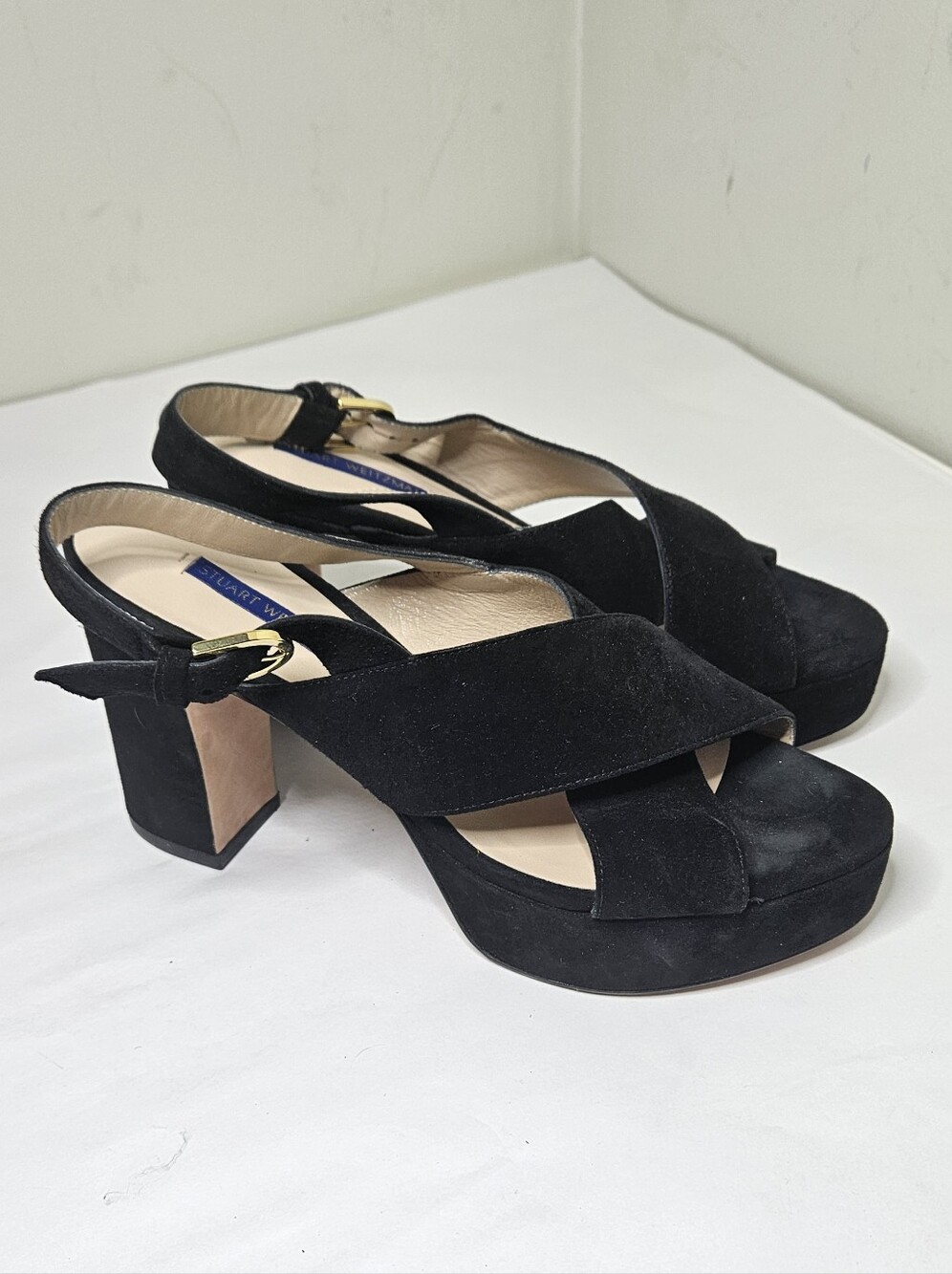 Stuart Weitzman Jerry Platform Heels Shoes Black Suede Strappy Buckle 8.5